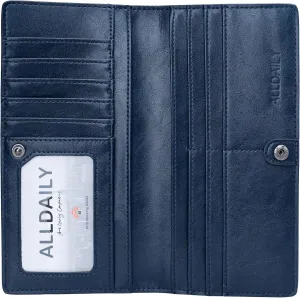 Alldaily Ultra Slim Thin Women Wallet RFID Blocking Credit Card Holder Bifold Long Ladies Billfold (Dark Blue)