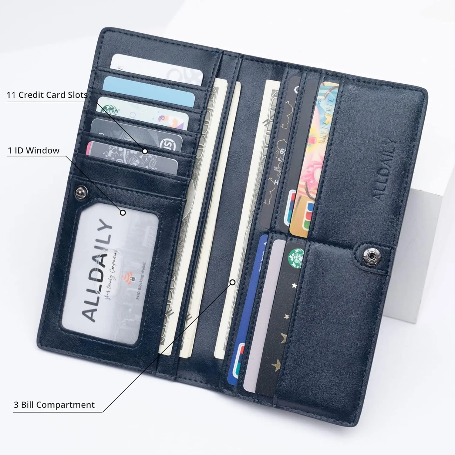 Alldaily Ultra Slim Thin Women Wallet RFID Blocking Credit Card Holder Bifold Long Ladies Billfold (Dark Blue)