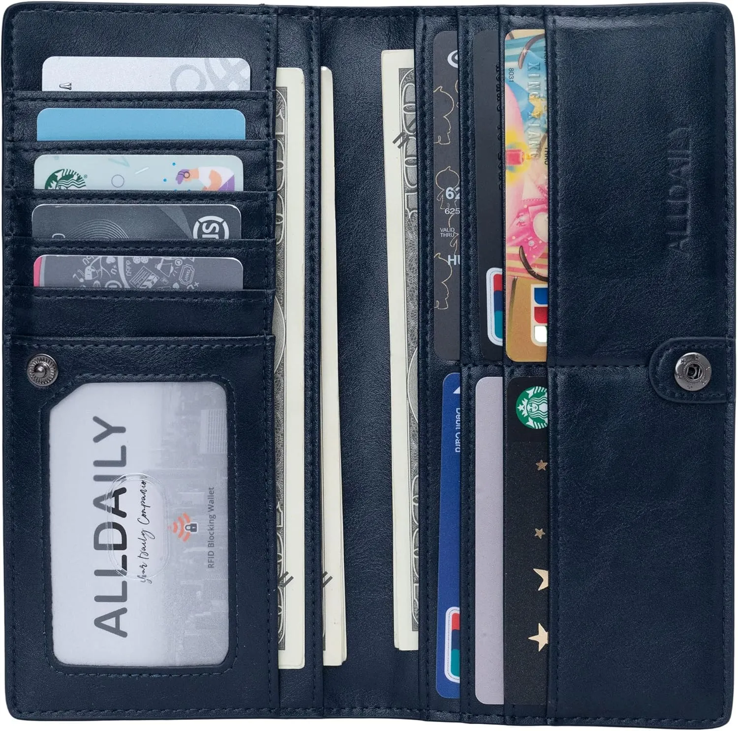 Alldaily Ultra Slim Thin Women Wallet RFID Blocking Credit Card Holder Bifold Long Ladies Billfold (Dark Blue)