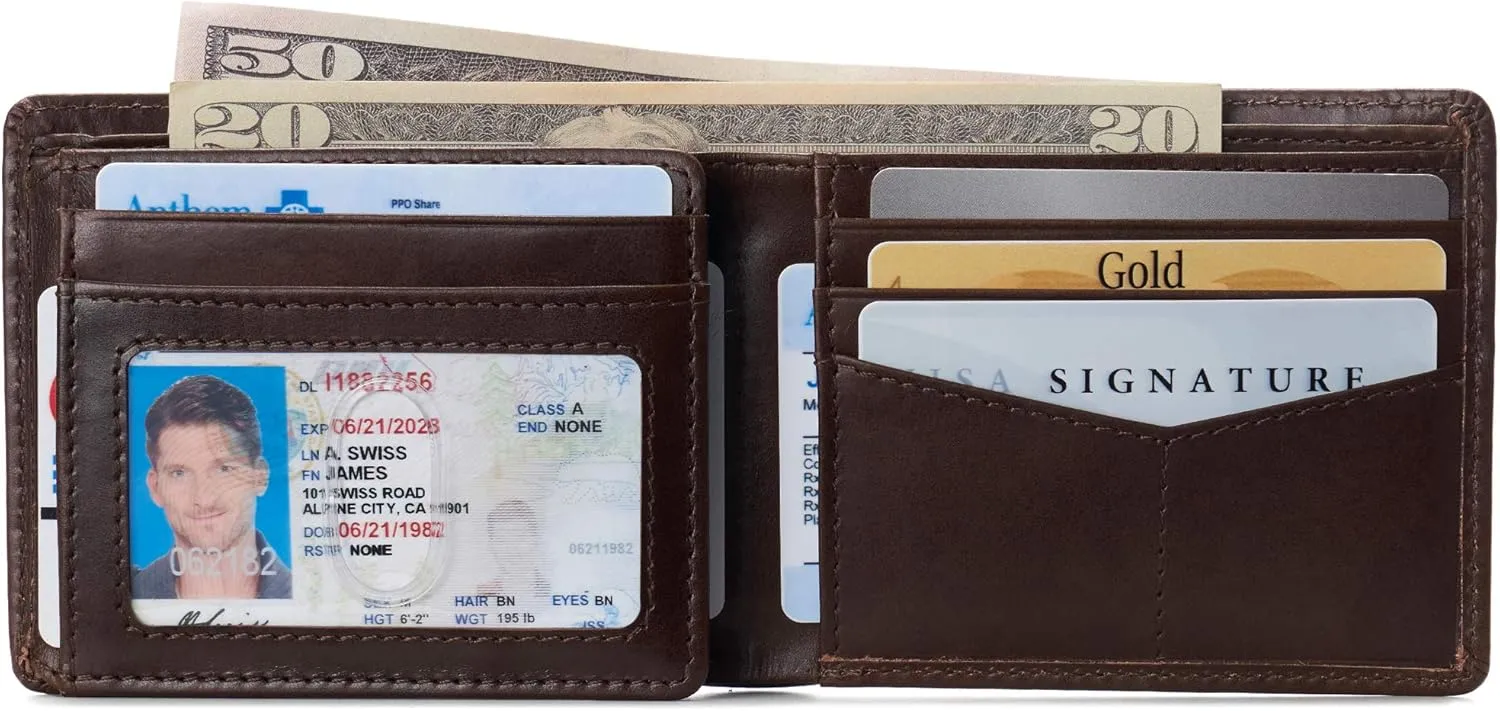 Alpine Swiss Mens Wallet for Men | RFID Protected Leather Mens Wallet | Spencer Bifold with Divided Bill Section | Gift Box | 2 ID Windows | 14 Card & Storage Pockets for Organization