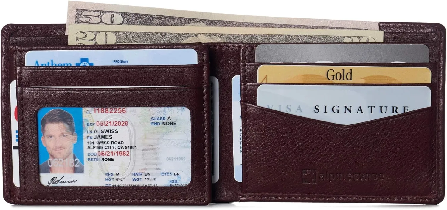 Alpine Swiss Mens Wallet for Men | RFID Protected Leather Mens Wallet | Spencer Bifold with Divided Bill Section | Gift Box | 2 ID Windows | 14 Card & Storage Pockets for Organization