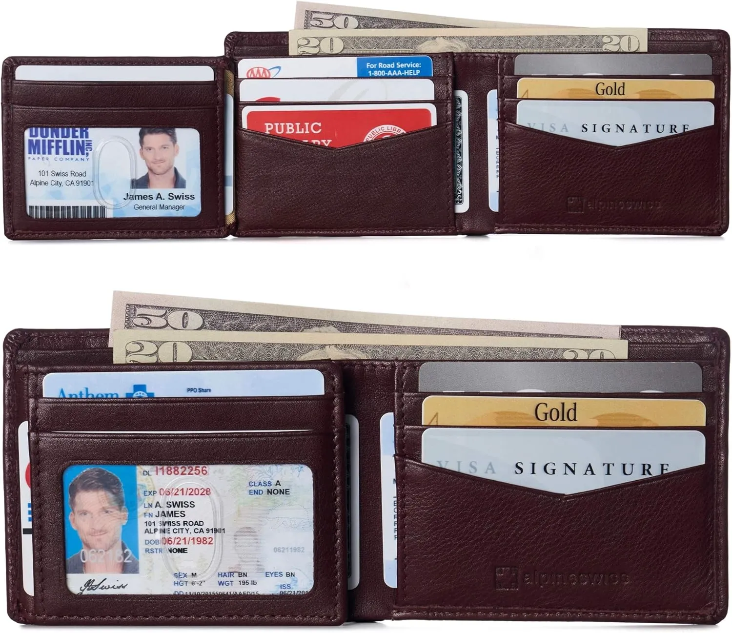 Alpine Swiss Mens Wallet for Men | RFID Protected Leather Mens Wallet | Spencer Bifold with Divided Bill Section | Gift Box | 2 ID Windows | 14 Card & Storage Pockets for Organization