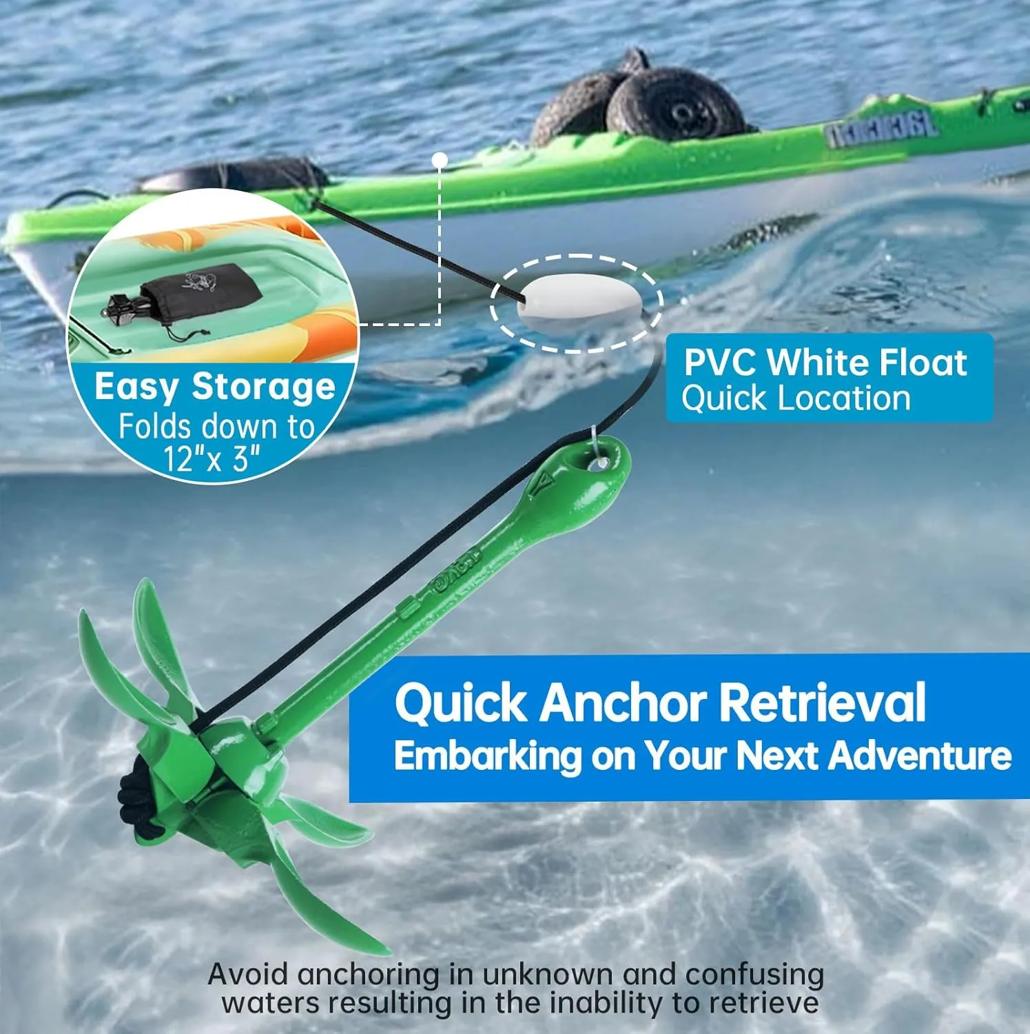 Alpinista Kayak Anchor,3.5 lb Portable Folding Boat Anchor Kit with 40 ft Marine Rope for Kayak, Canoes, Fishing, and Paddle Board Accessories