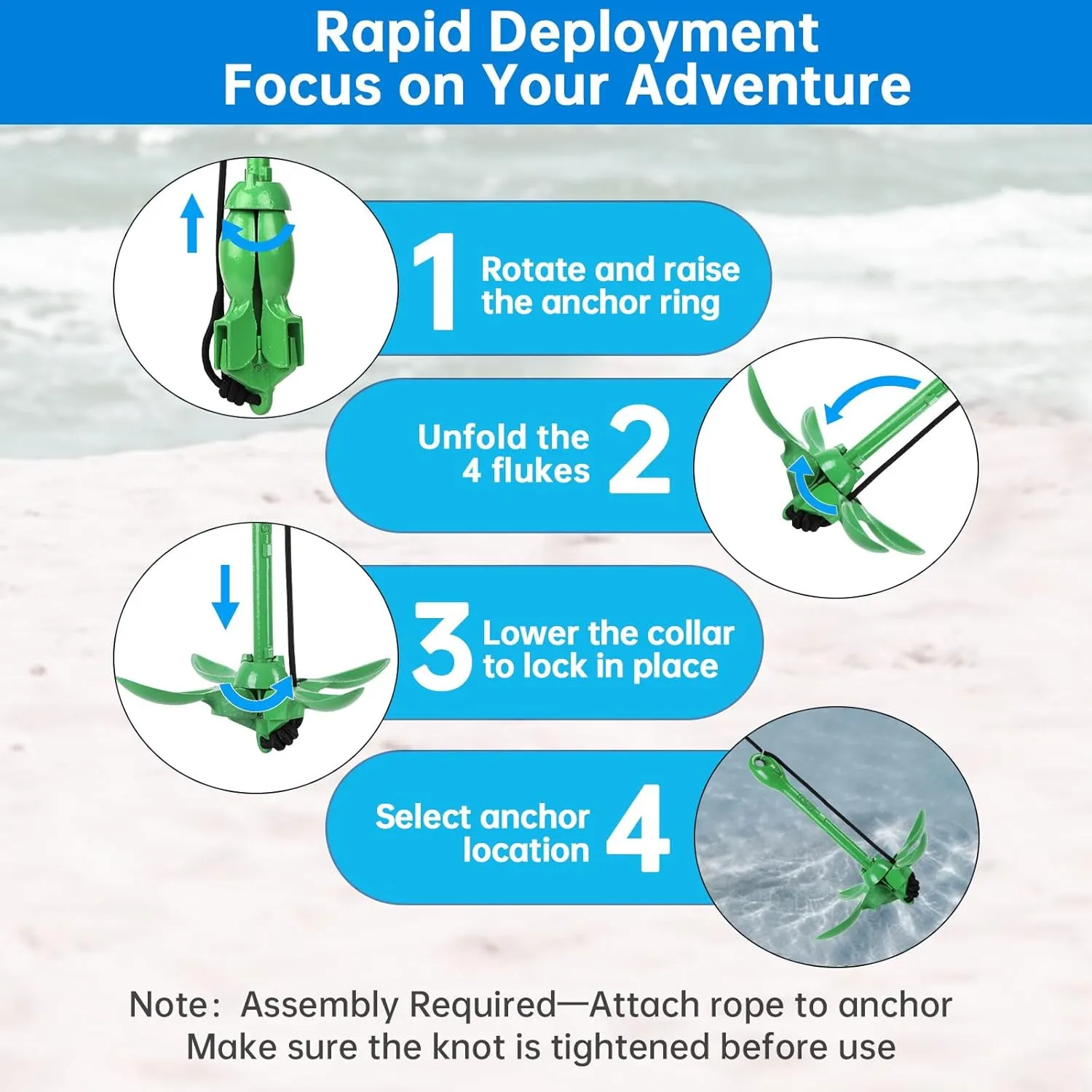 Alpinista Kayak Anchor,3.5 lb Portable Folding Boat Anchor Kit with 40 ft Marine Rope for Kayak, Canoes, Fishing, and Paddle Board Accessories