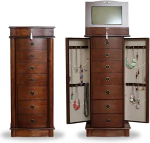 Alveare Home Nara Jewelry Armoire – Locking Storage Organizer with Seven Spacious Drawers, Walnut