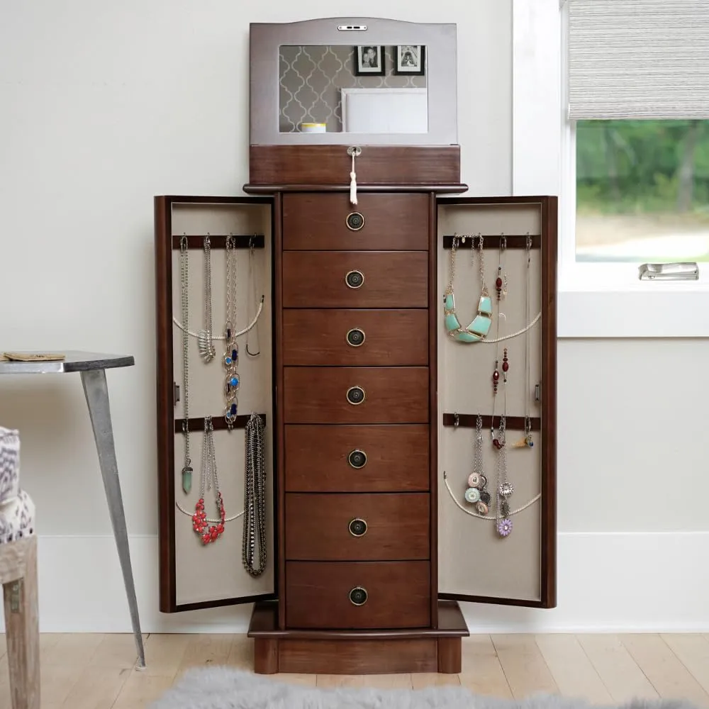 Alveare Home Nara Jewelry Armoire – Locking Storage Organizer with Seven Spacious Drawers, Walnut