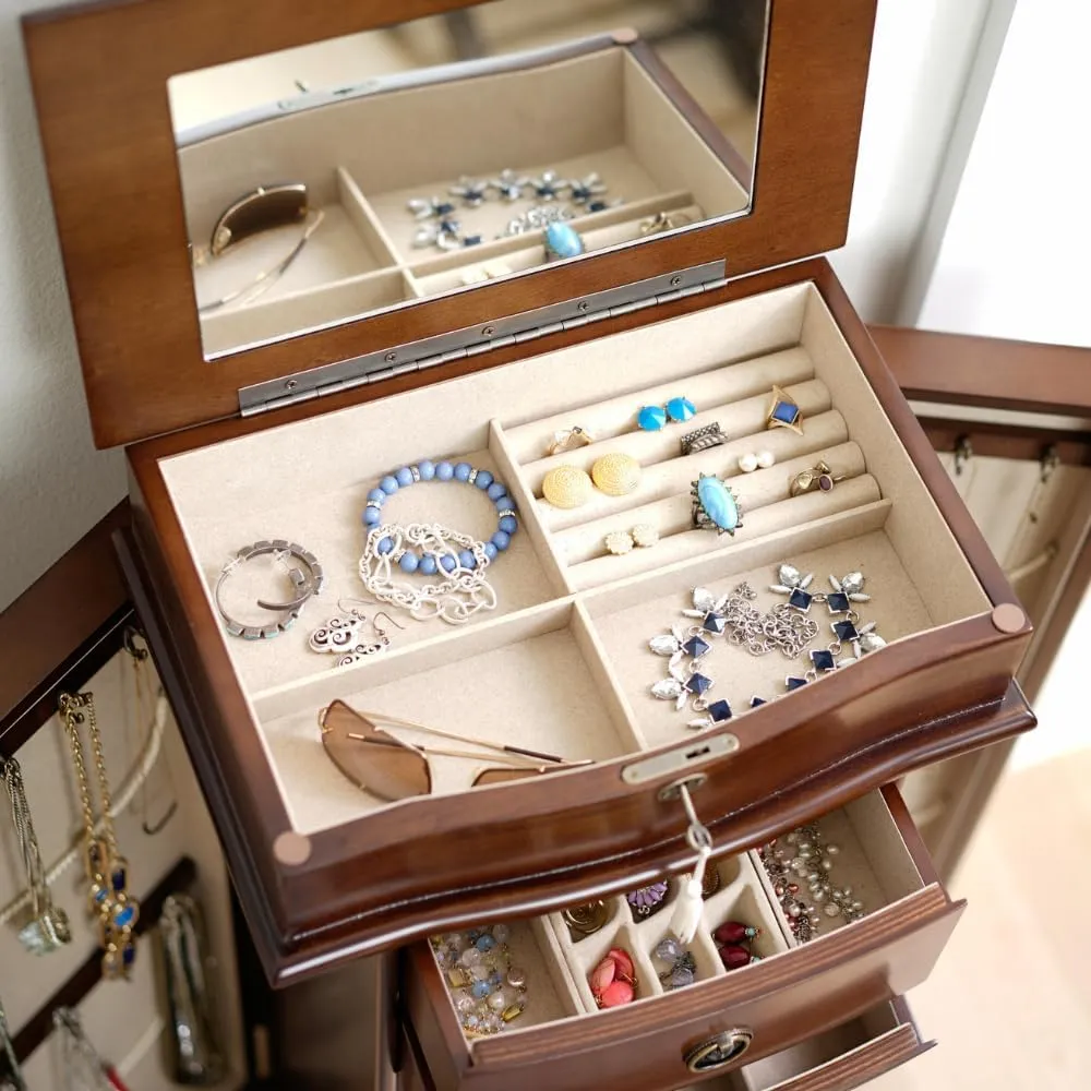 Alveare Home Nara Jewelry Armoire – Locking Storage Organizer with Seven Spacious Drawers, Walnut