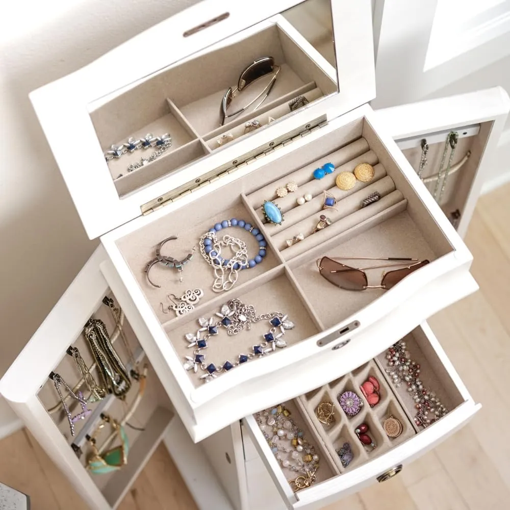 Alveare Home Nara Jewelry Armoire – Locking Storage Organizer with Seven Spacious Drawers, White