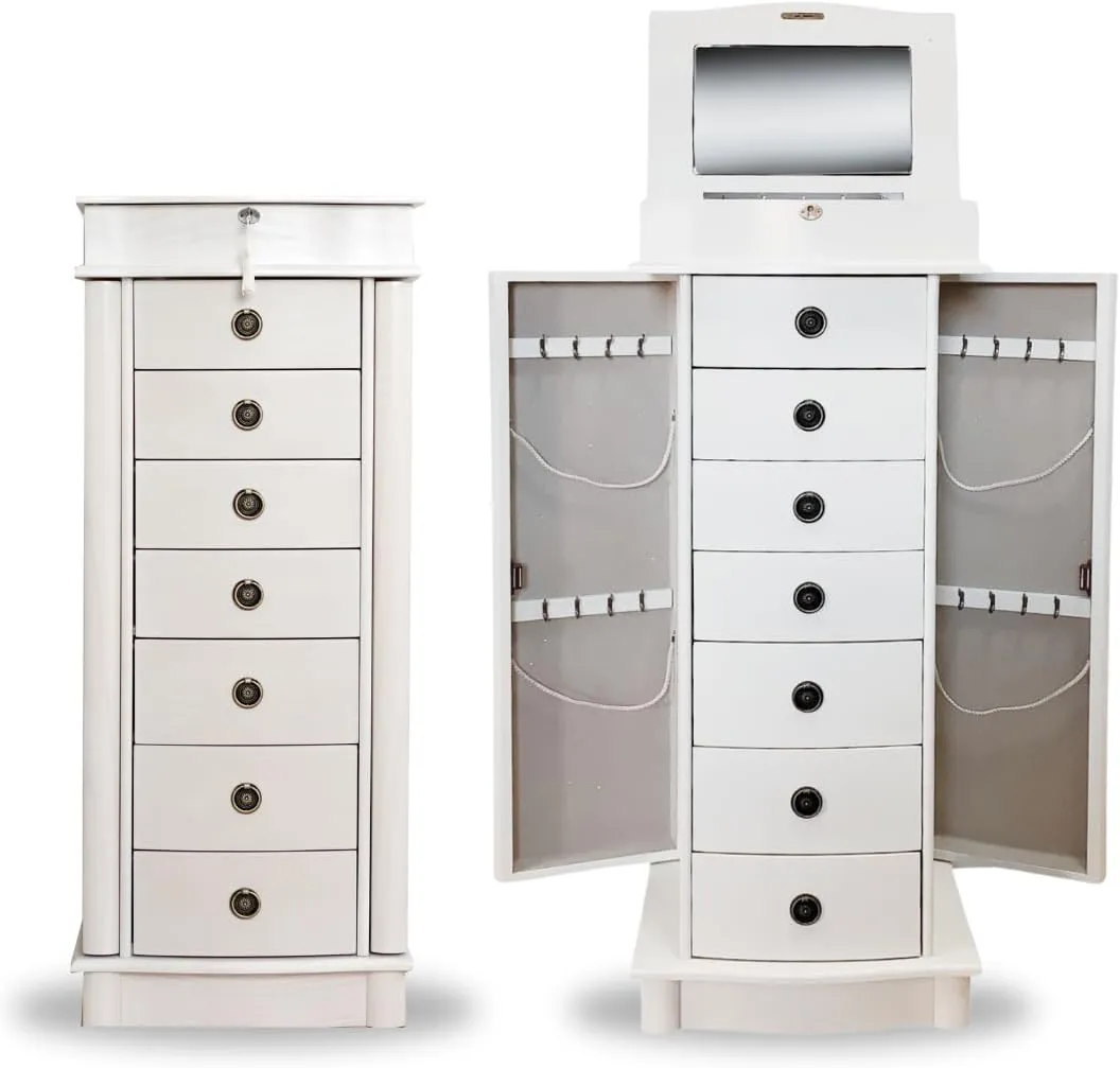 Alveare Home Nara Jewelry Armoire – Locking Storage Organizer with Seven Spacious Drawers, White