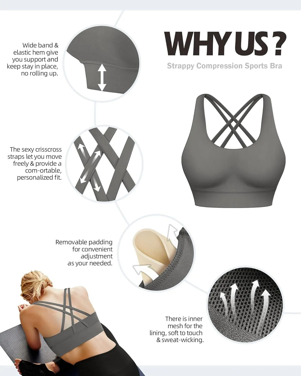 Ama Larsi High Impact Strappy Sports Bra for Women Supportive Padded Crisscross Back Running Yoga Workout Bra