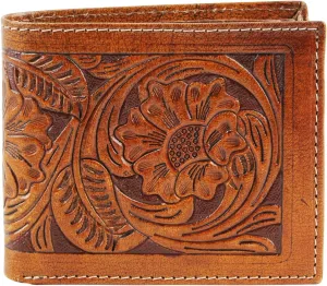 American Bison RFID Wallet for Men – Hand-Tooled Floral Cowhide Leather Bifold Wallet with Gift Box (Light Brown)