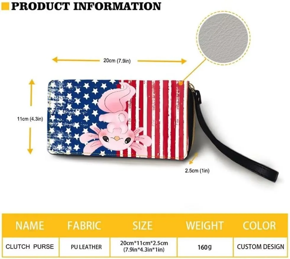 American Flag Wallet For Women Axolotl Stars Stripes Print Cute Long Leather Clutch Coin Purse Zip Around Large Wristlet Wallet