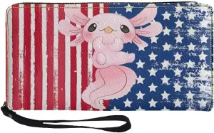 American Flag Wallet For Women Axolotl Stars Stripes Print Cute Long Leather Clutch Coin Purse Zip Around Large Wristlet Wallet