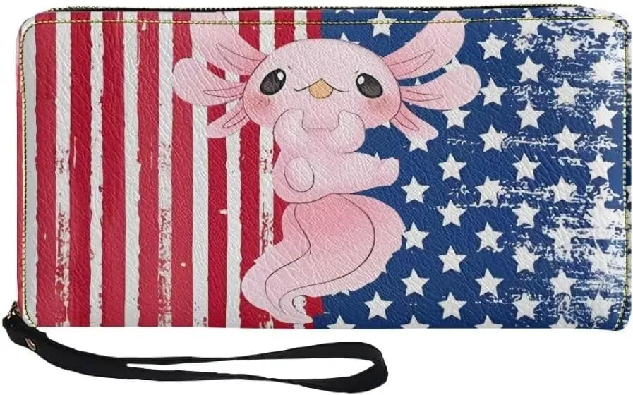 American Flag Wallet For Women Axolotl Stars Stripes Print Cute Long Leather Clutch Coin Purse Zip Around Large Wristlet Wallet