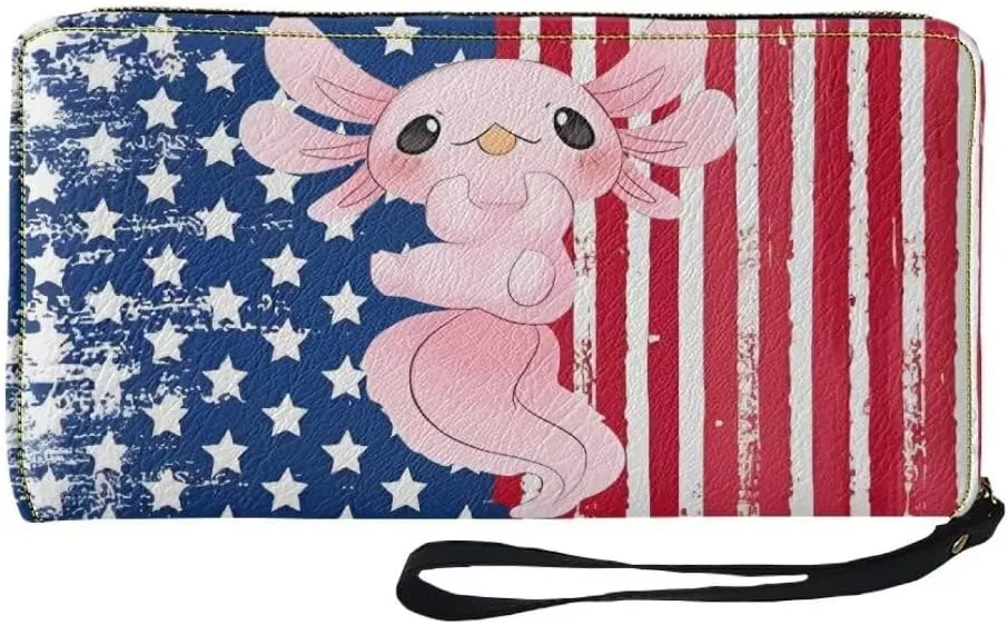 American Flag Wallet For Women Axolotl Stars Stripes Print Cute Long Leather Clutch Coin Purse Zip Around Large Wristlet Wallet