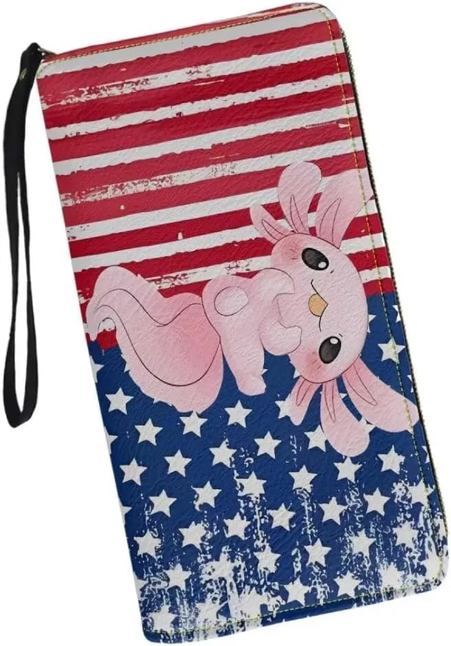 American Flag Wallet For Women Axolotl Stars Stripes Print Cute Long Leather Clutch Coin Purse Zip Around Large Wristlet Wallet