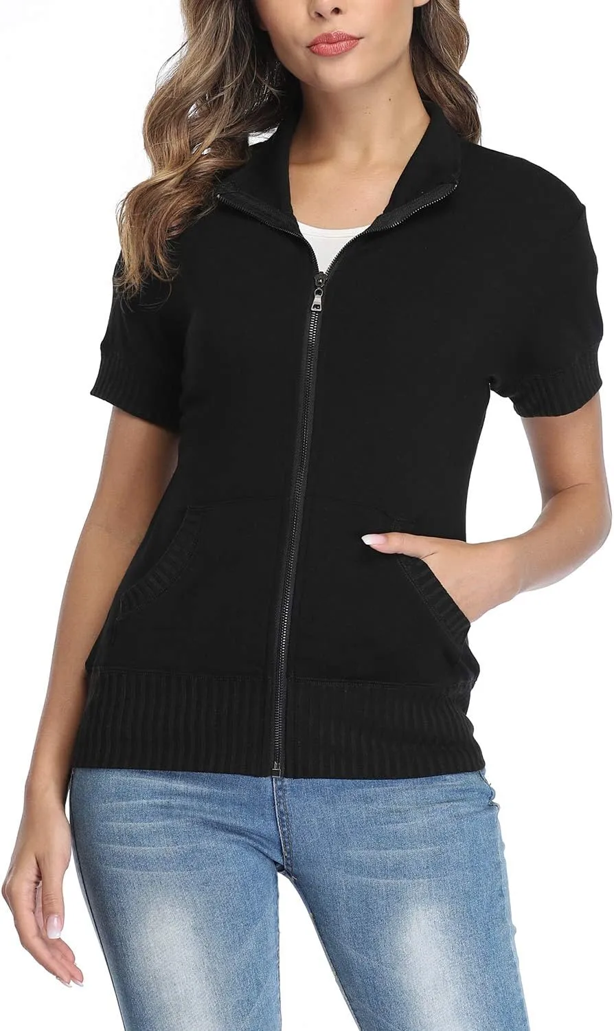 andy & natalie Women's Stand Collar Zip up Long Sleeve Jacket with Pockets Running Sweatshirts Jackets