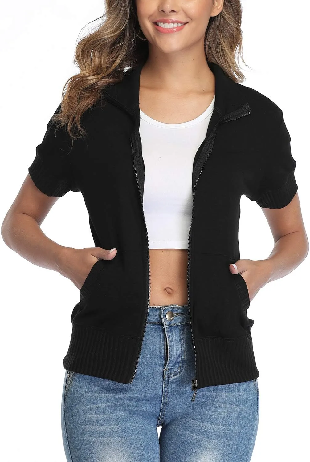 andy & natalie Women's Stand Collar Zip up Long Sleeve Jacket with Pockets Running Sweatshirts Jackets