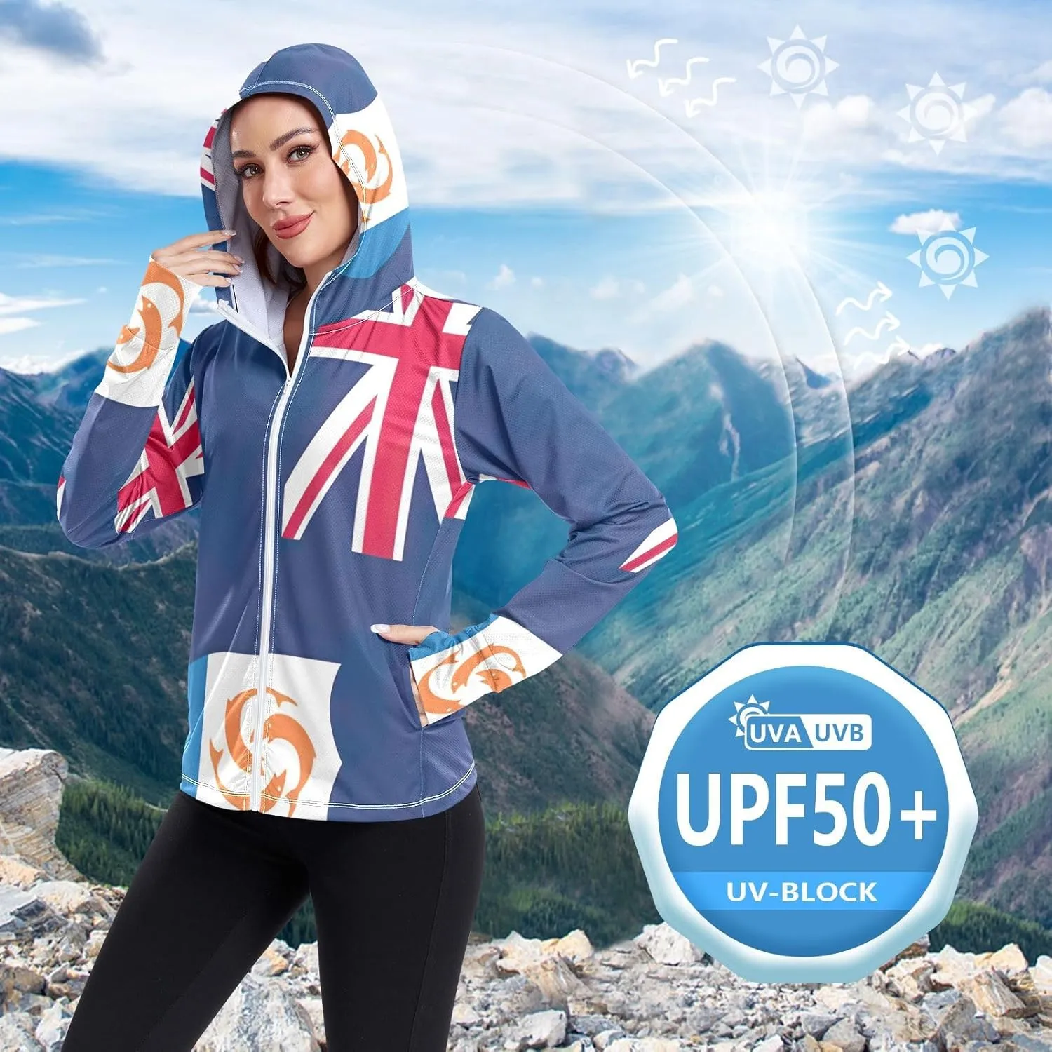 Anguilla Flag Sun Jacket Upf 50 , Long Sleeve Zip up Outdoor Hoodie