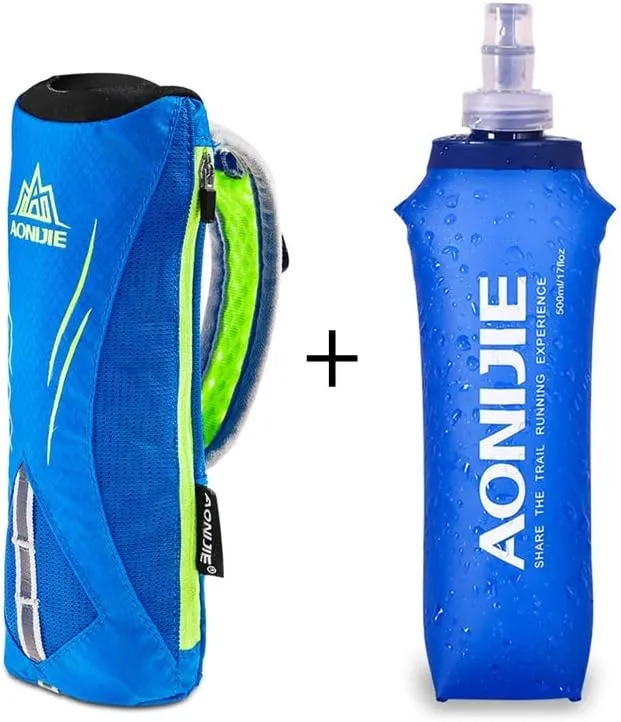 AONIJIE Quick Grip Handheld Soft Water Bottle for Running, Hand Strap Hydration Pack with 500ml Handheld Soft Flask Water Bottle (Blue)
