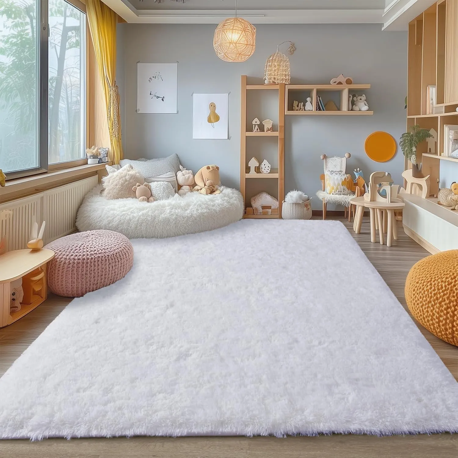 Area Rugs for Bedroom Living Room, 4x6 Soft Large Fluffy Fuzzy Shag Plush Furry Carpet, Soft Indoor Floor Mat for Kids Nursery Home Dorm Office Decor Aesthetic, White