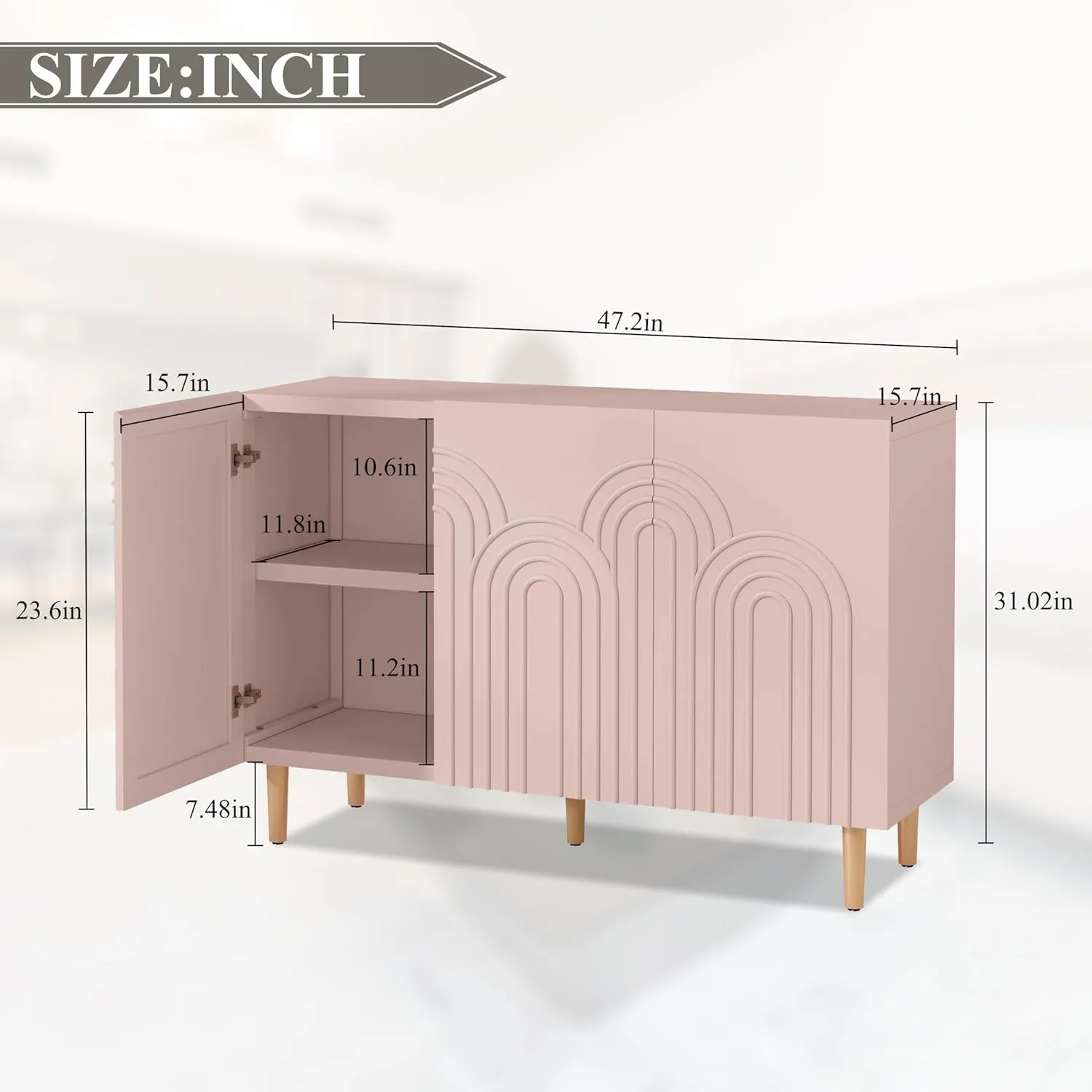 ARTPOWER 47" Accent Cabinet with Cloud Relief, Sideboard Buffet Cabinet with 3 Doors, Modern Decorative Credenza with Storage for Living Room, Kitchen, Dining Room, Hallway, Entryway, Pink