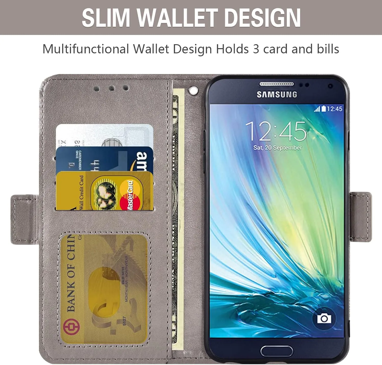 Asuwish Compatible with Samsung Galaxy A3 2015 Wallet Case and Tempered Glass Screen Protector Card Holder Flip Purse Accessories Wrist Strap Cell Phone Cover for Gaxaly 3A Duos SM A300 Women Grey