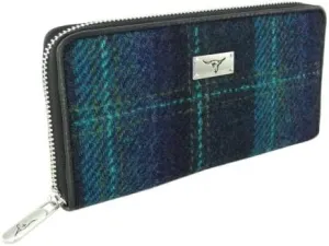 Authentic Harris Tweed Long Zip Purse - Scottish Wool Outer - Women's Tartan Wallet with Multiple Card Slots - Stylish Travel Wallet for Ladies - Multicolour Check, Blue With