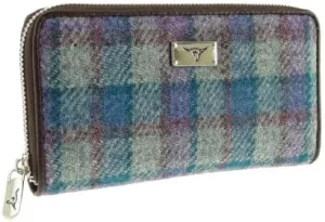 Authentic Harris Tweed Long Zip Purse - Scottish Wool Outer - Women's Tartan Wallet with Multiple Card Slots - Stylish Travel Wallet for Ladies - Multicolour Check, Blue/Purple