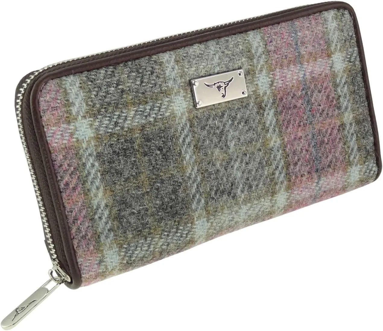 Authentic Harris Tweed Long Zip Purse - Scottish Wool Outer - Women's Tartan Wallet with Multiple Card Slots - Stylish Travel Wallet for Ladies - Multicolour Check, Soft Pink