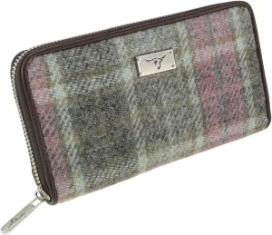Authentic Harris Tweed Long Zip Purse - Scottish Wool Outer - Women's Tartan Wallet with Multiple Card Slots - Stylish Travel Wallet for Ladies - Multicolour Check, Soft Pink