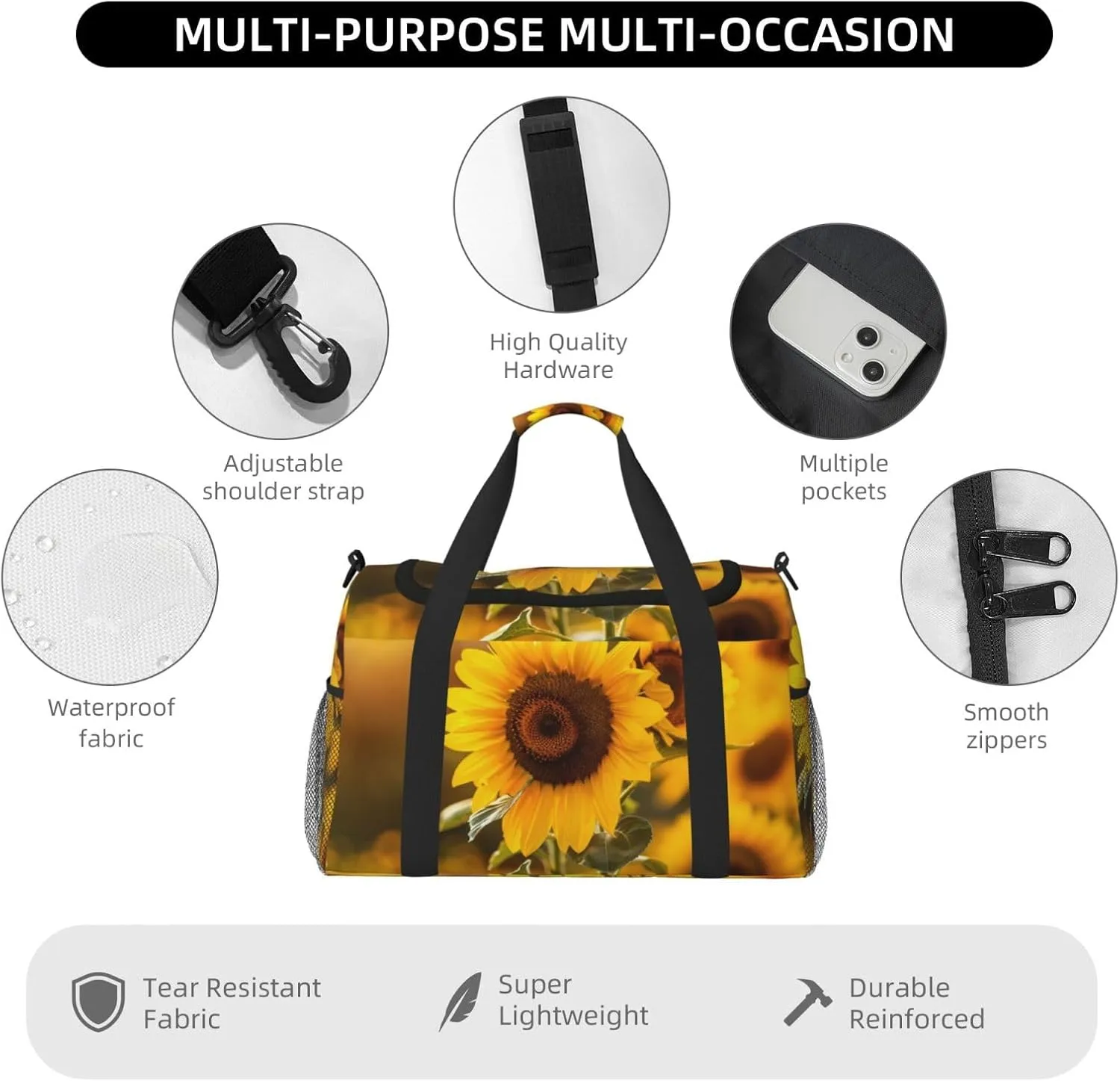 Autumn Sunflowers Big Capacity Sports Gym Bag Portable Travel Duffle Bag, Fall Floral Lightweight Weekender Workout Bag for Overnight, Unisex