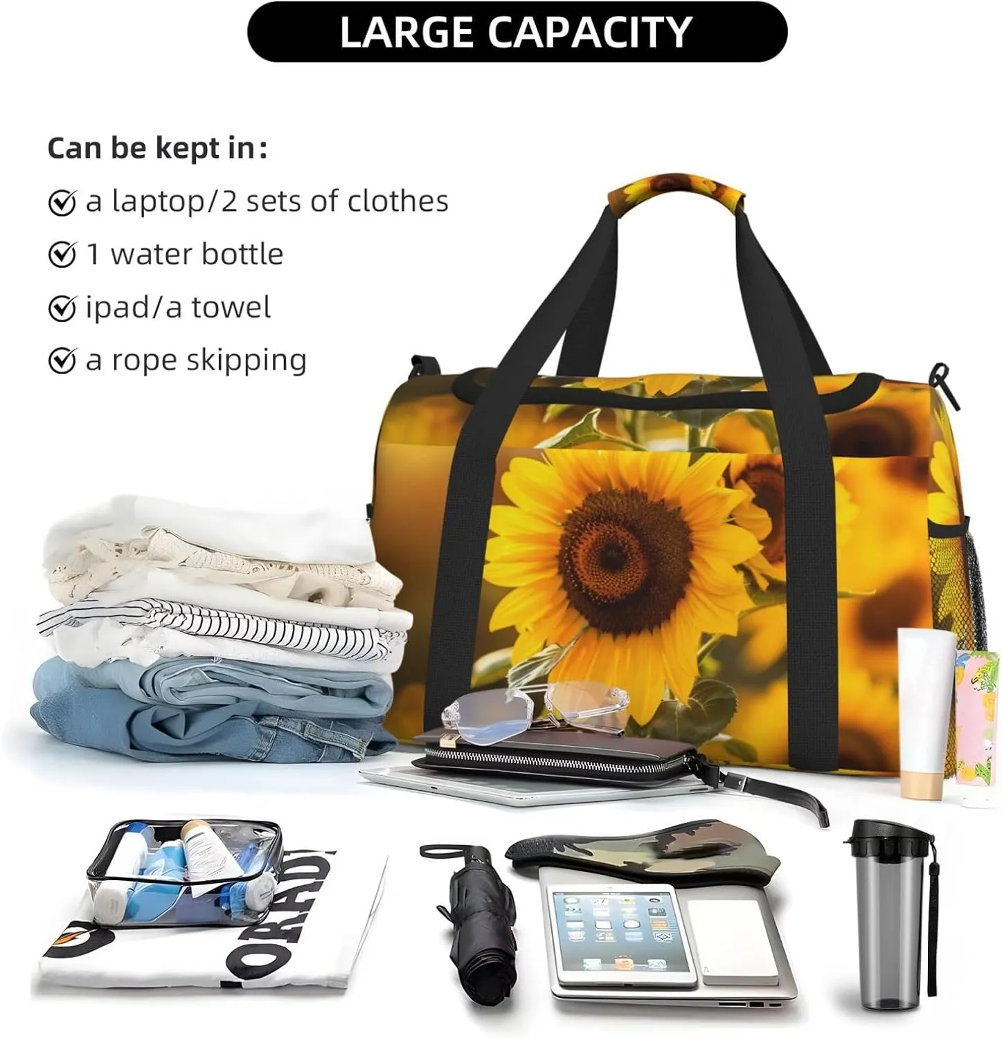 Autumn Sunflowers Big Capacity Sports Gym Bag Portable Travel Duffle Bag, Fall Floral Lightweight Weekender Workout Bag for Overnight, Unisex