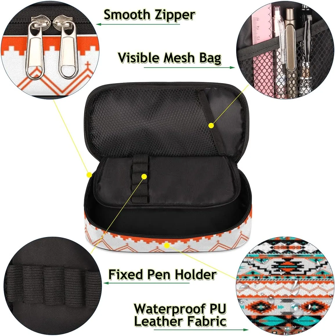 Aztec Big Capacity Pencil Pen Case Aztec Print Large Pencil Pouch with Zipper Compartments Pencil Bag for Boys Girls Adults Student Office School Supplies