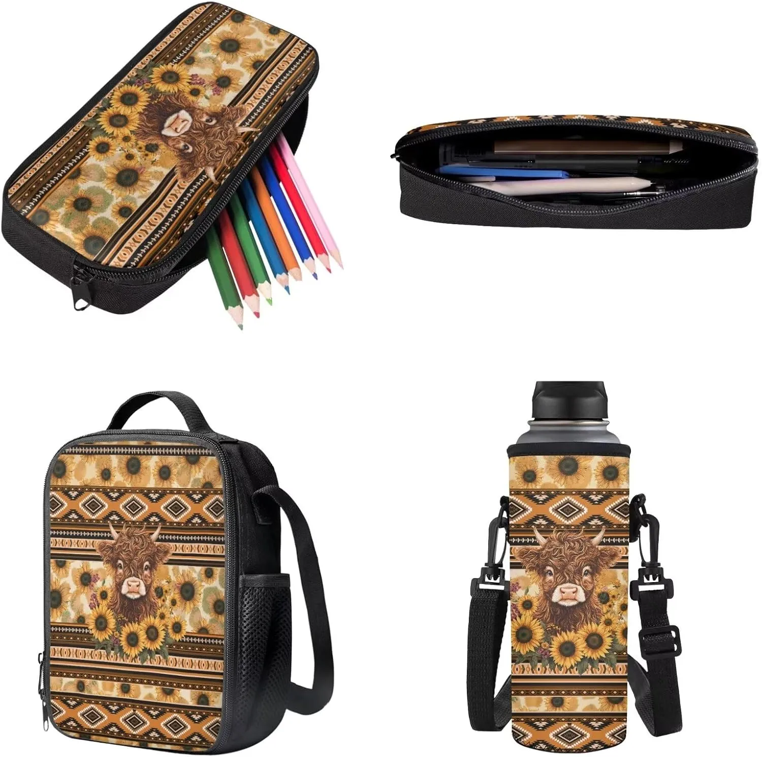 Aztec Tribal Cattle Sunflower Pattern 18" Multi-Function Backpack Set Includes Lunch Bag, Pen Case, and Water Bottle Holder Kids Students Large Capacity Bags for School
