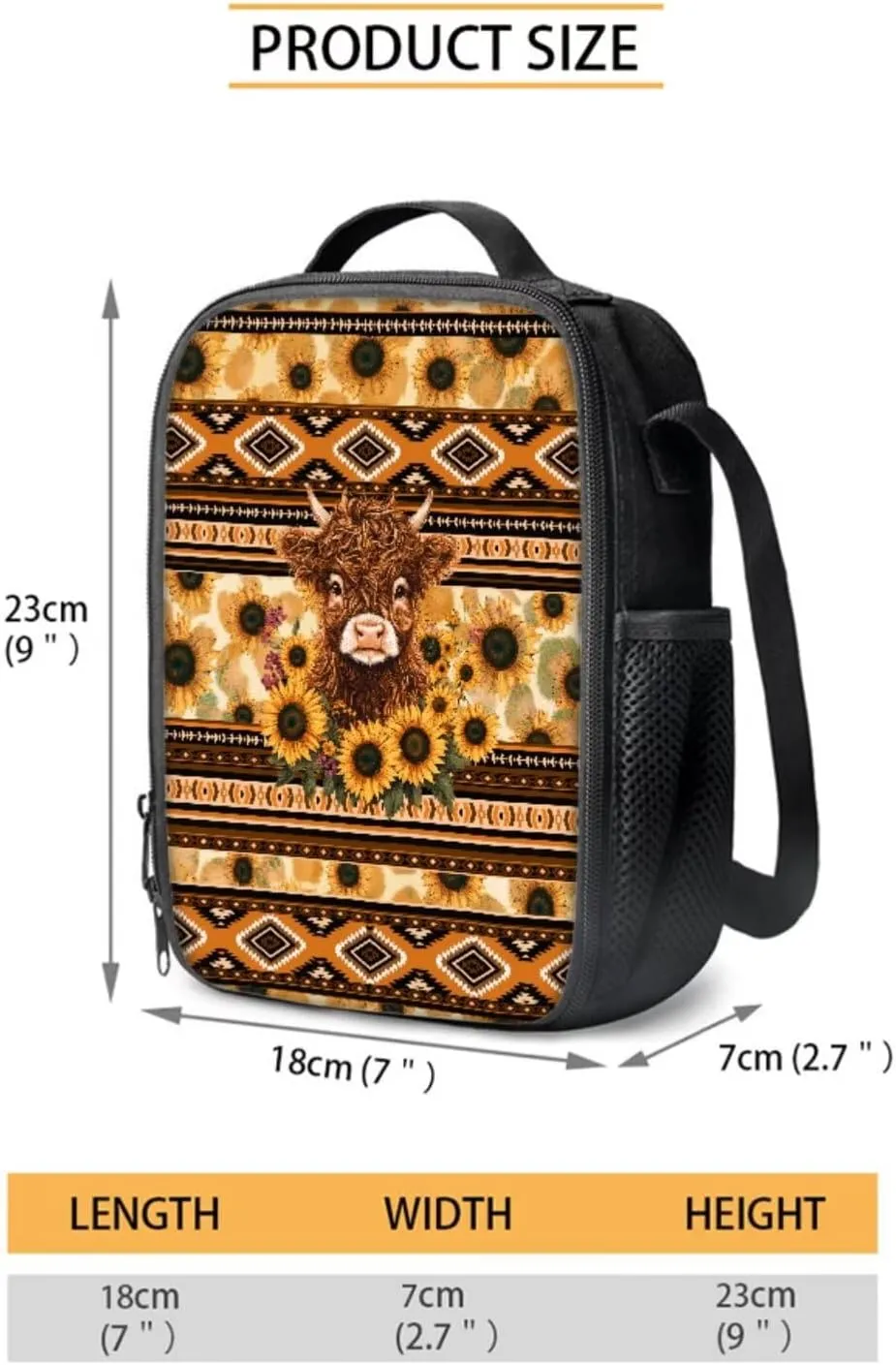 Aztec Tribal Cattle Sunflower Pattern 18" Multi-Function Backpack Set Includes Lunch Bag, Pen Case, and Water Bottle Holder Kids Students Large Capacity Bags for School