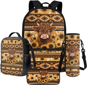 Aztec Tribal Cattle Sunflower Pattern 18" Multi-Function Backpack Set Includes Lunch Bag, Pen Case, and Water Bottle Holder Kids Students Large Capacity Bags for School
