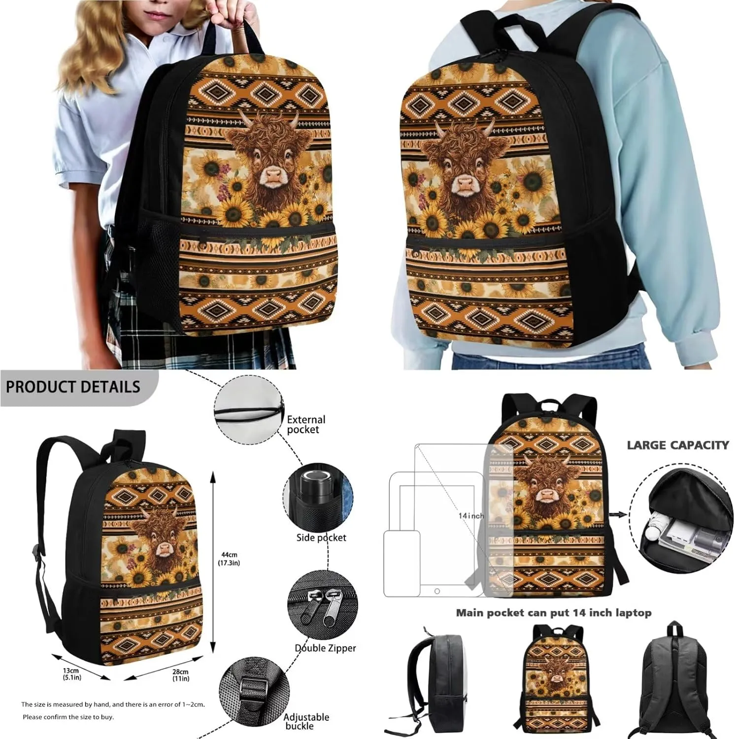 Aztec Tribal Cattle Sunflower Pattern 18" Multi-Function Backpack Set Includes Lunch Bag, Pen Case, and Water Bottle Holder Kids Students Large Capacity Bags for School