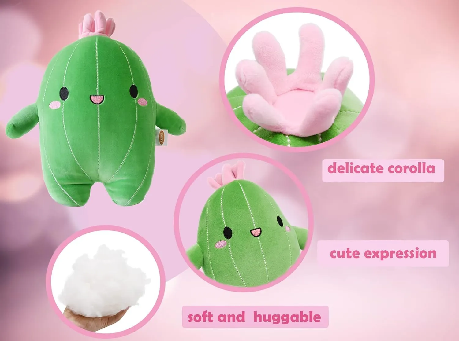 BABOLI Cuddly Cactus Stuffed Plant Animal with Smile Face and Pink Antenna Soft Cacti Plush Toy Pillow Pretty Sweet Mascot Gifts for Kids Girls and Boys Present for Birthday or Party 13.5 Inch