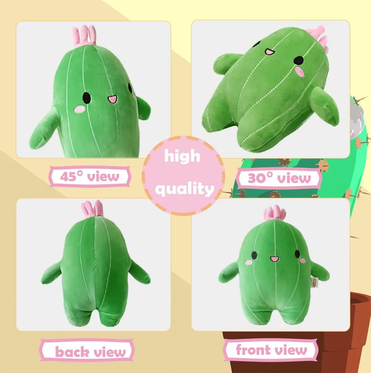 BABOLI Cuddly Cactus Stuffed Plant Animal with Smile Face and Pink Antenna Soft Cacti Plush Toy Pillow Pretty Sweet Mascot Gifts for Kids Girls and Boys Present for Birthday or Party 13.5 Inch
