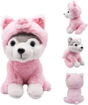 BABOLI Cuddly Husky Stuffed Animals| Soft Toys with Adorable Pig Costumes| Super Cute Husky Dog Plush Animal for Birthday Gifts or Party Supplies| Good Choice for Children|10 Inch
