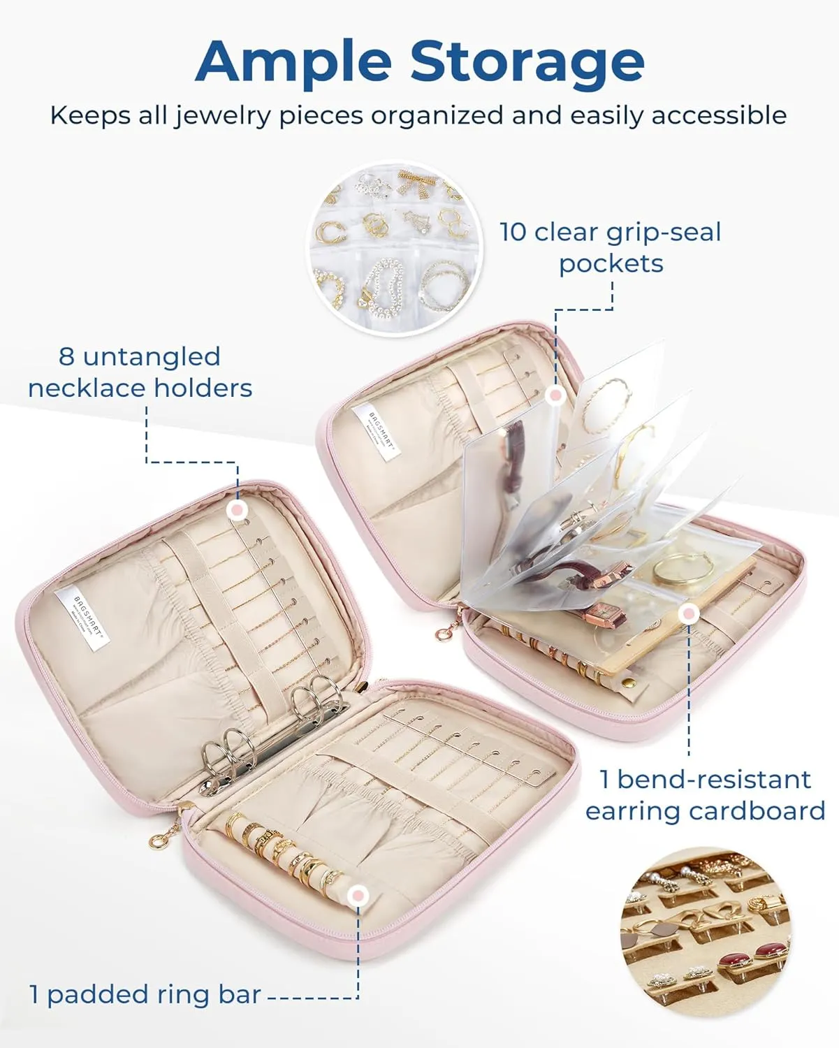 BAGSMART Jewelry Travel Case, Ring Binder Storage Book with Clear Pockets, Zippered Organizer for Necklace, Earrings, Rings, Bracelet, Beige
