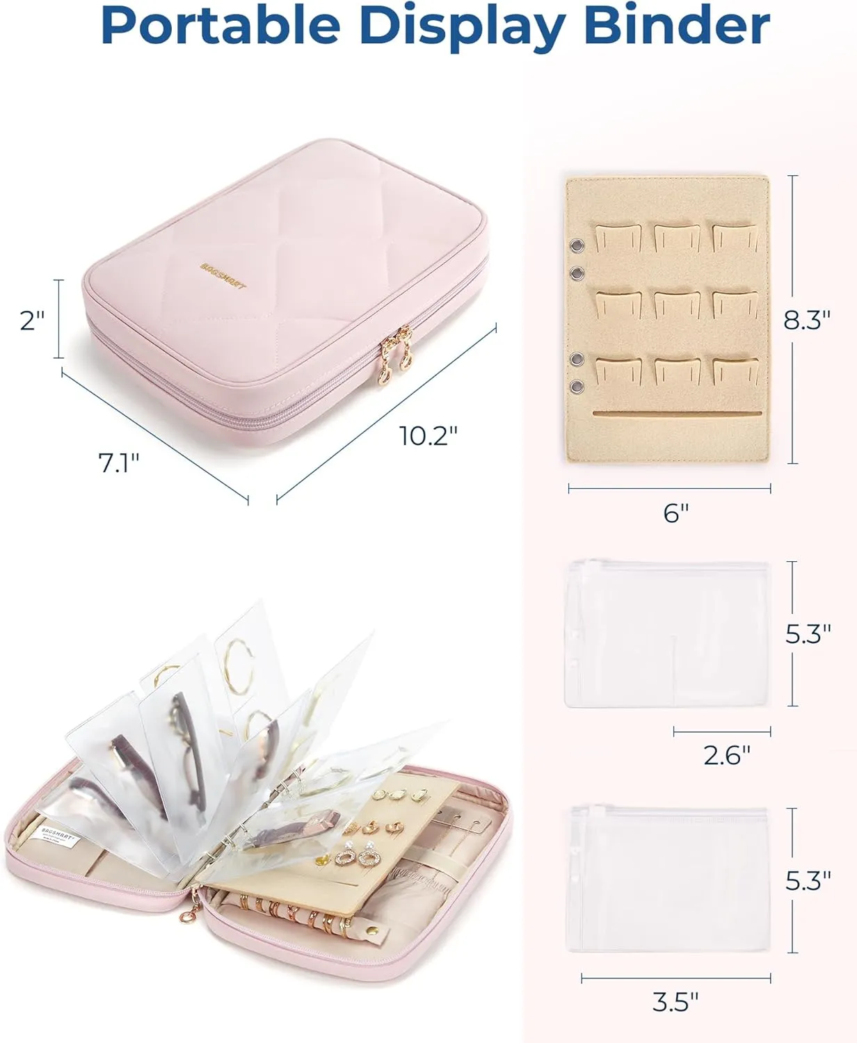 BAGSMART Jewelry Travel Case, Ring Binder Storage Book with Clear Pockets, Zippered Organizer for Necklace, Earrings, Rings, Bracelet, Beige
