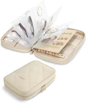 BAGSMART Jewelry Travel Case, Ring Binder Storage Book with Clear Pockets, Zippered Organizer for Necklace, Earrings, Rings, Bracelet, Beige