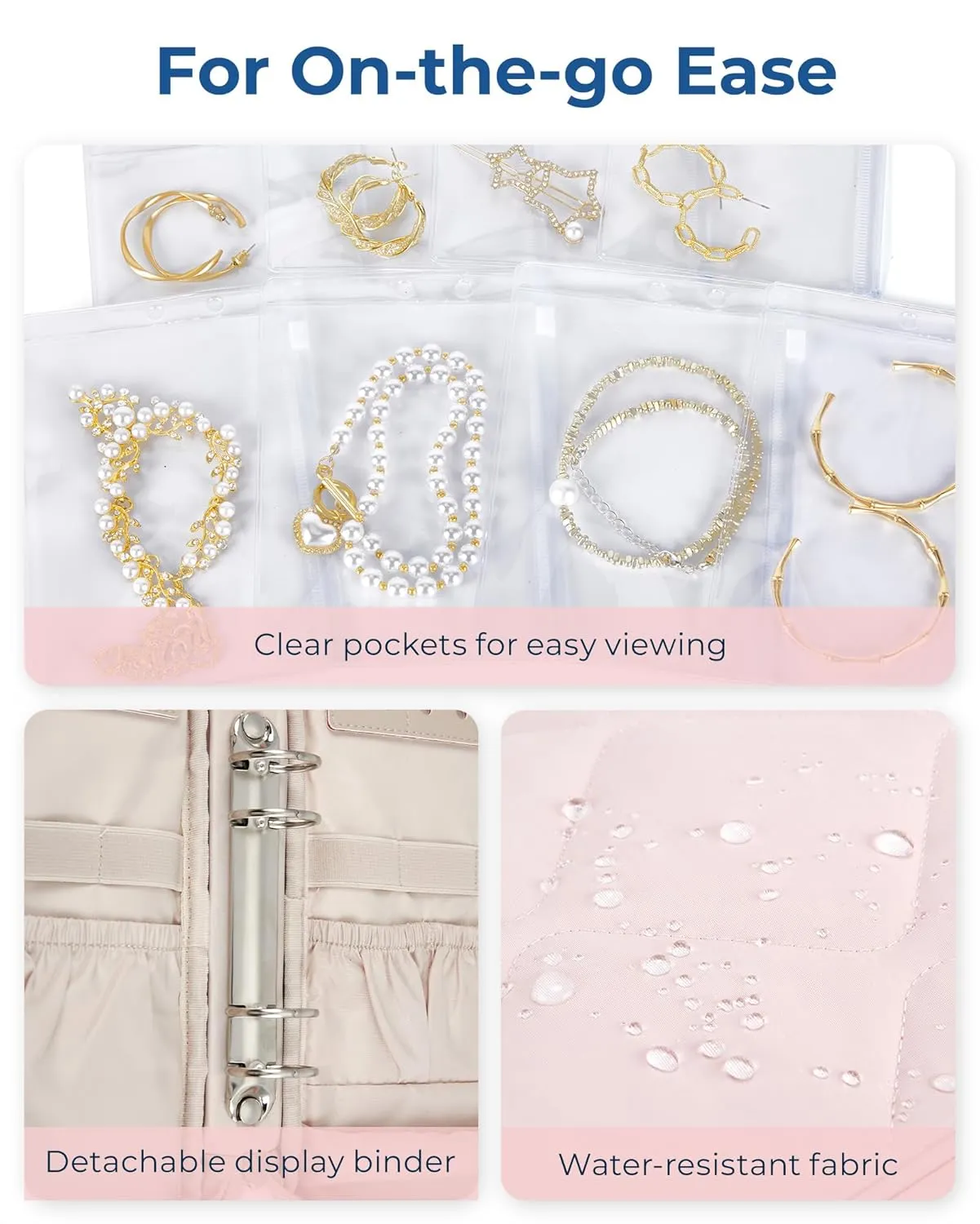 BAGSMART Jewelry Travel Case, Ring Binder Storage Book with Clear Pockets, Zippered Organizer for Necklace, Earrings, Rings, Bracelet, Beige