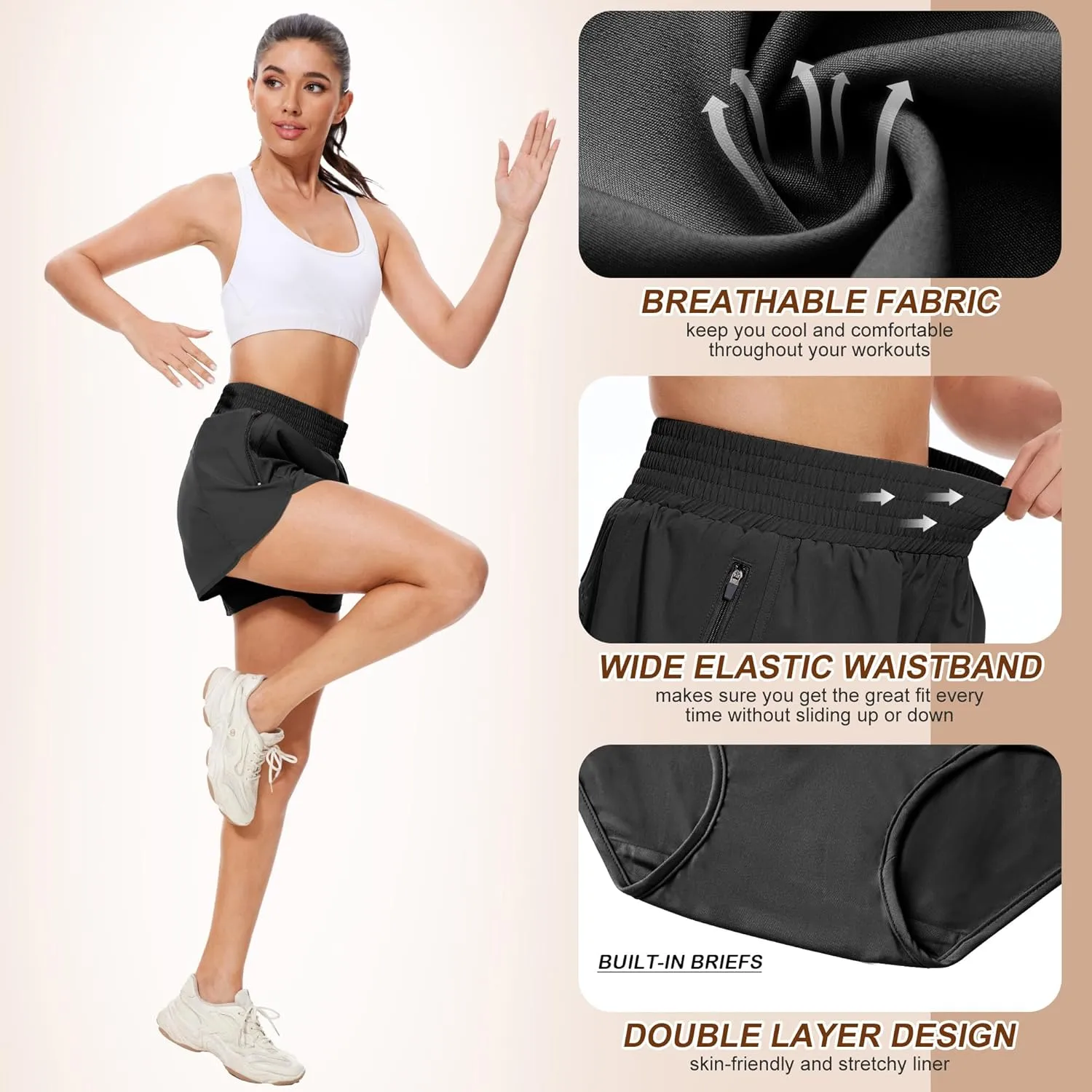 BALENNZ Women's Athletic Workout Shorts with Zipper Pockets Activewear Elastic Waist Gym Running Shorts