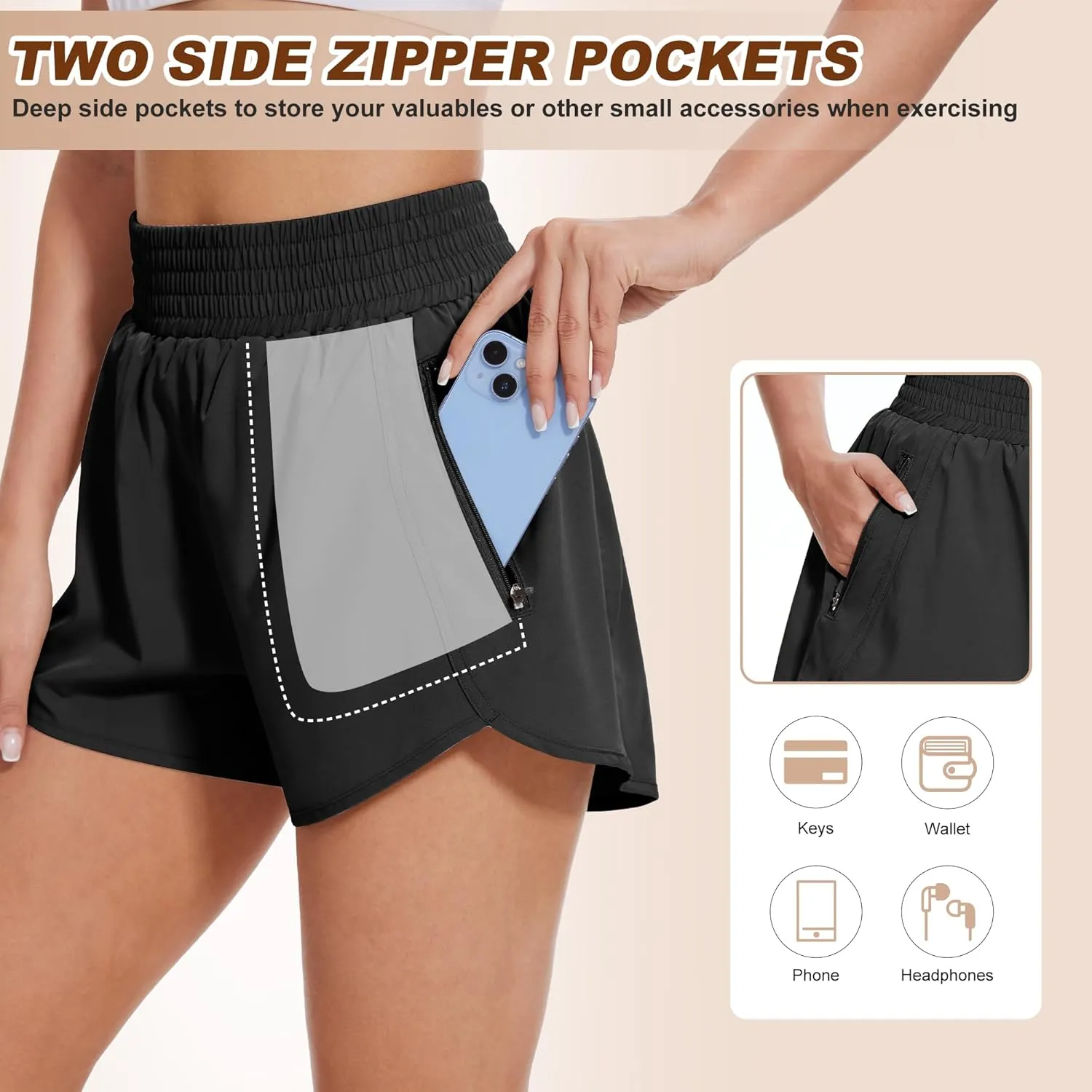 BALENNZ Women's Athletic Workout Shorts with Zipper Pockets Activewear Elastic Waist Gym Running Shorts
