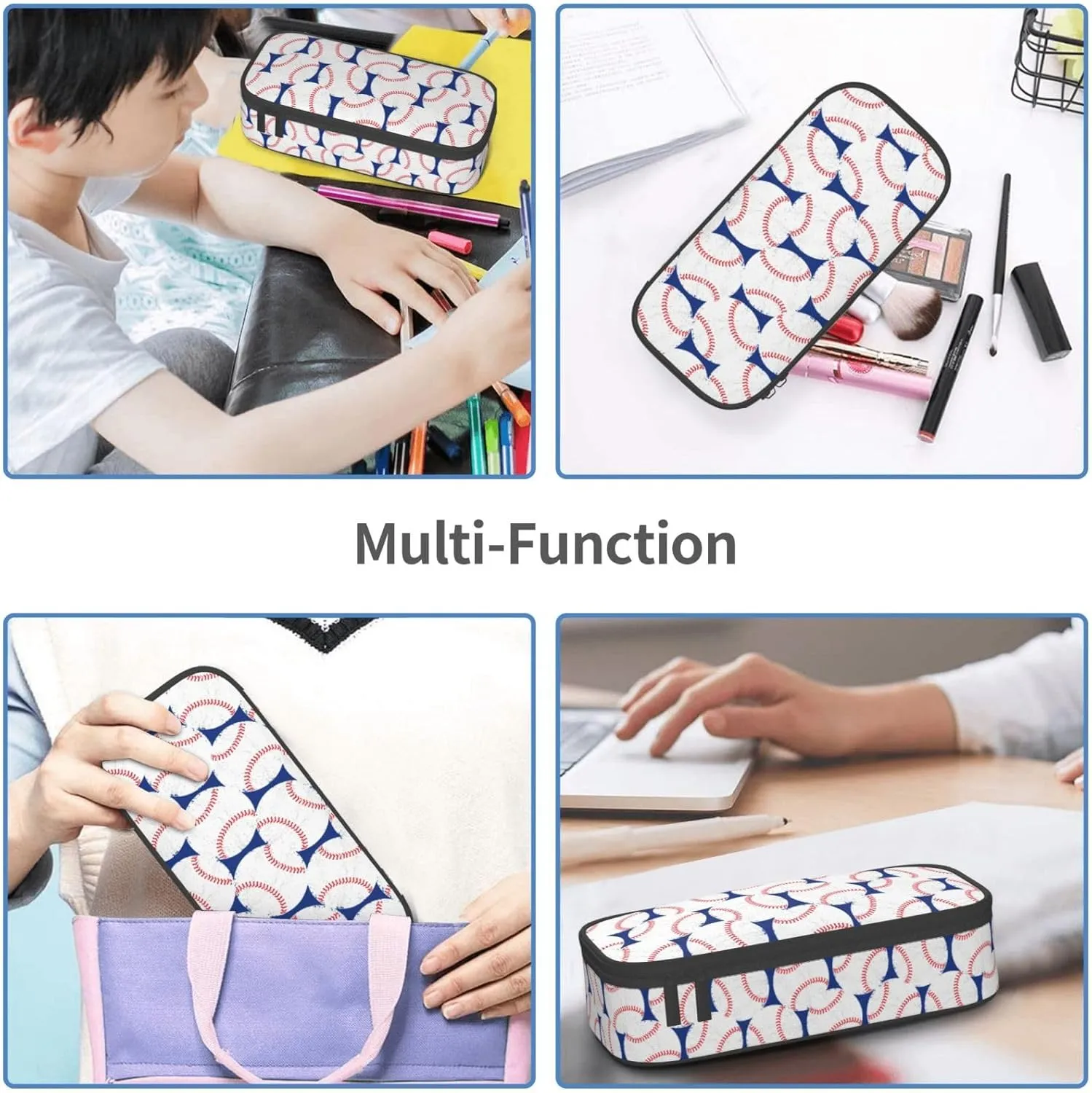 Baseball Blue White Ball Pencil Case Big Capacity Storage Pencil Pouch Stationery Bags With Zipper Portable Pen Holder Box Organizer For Boys Girls Teens Student College School Office Supplies