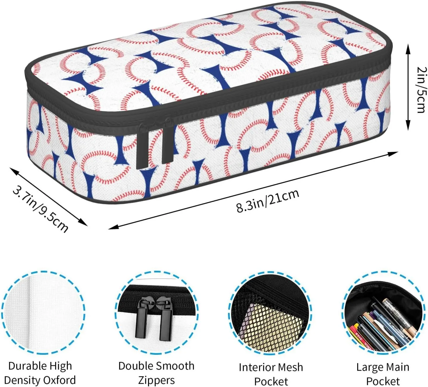 Baseball Blue White Ball Pencil Case Big Capacity Storage Pencil Pouch Stationery Bags With Zipper Portable Pen Holder Box Organizer For Boys Girls Teens Student College School Office Supplies
