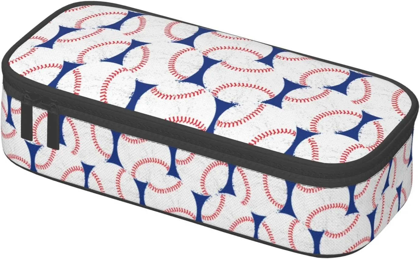 Baseball Blue White Ball Pencil Case Big Capacity Storage Pencil Pouch Stationery Bags With Zipper Portable Pen Holder Box Organizer For Boys Girls Teens Student College School Office Supplies